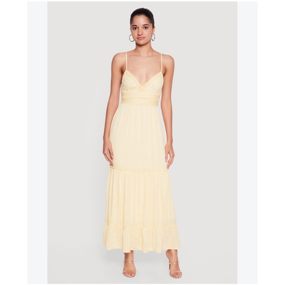 Jolie & Joy Yellow Lace Crochet Tiered Maxi Dress Tie Back J3Q5848W L